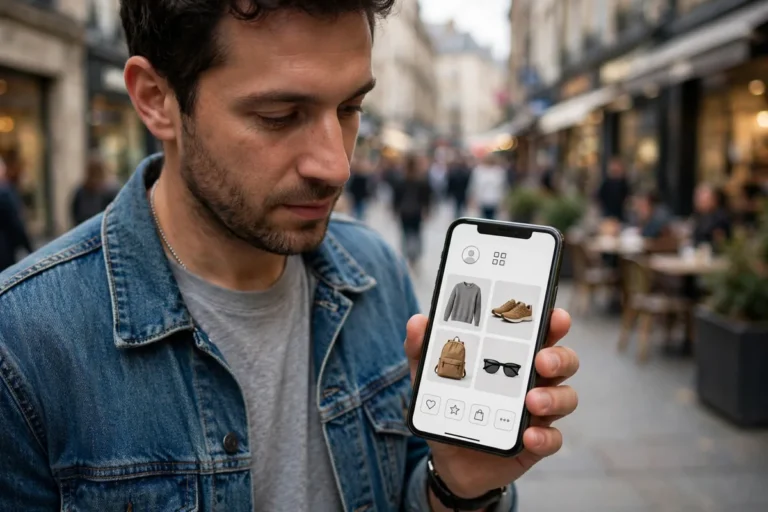 A man on a busy high street holding a smartphone showing a personalised shopping app