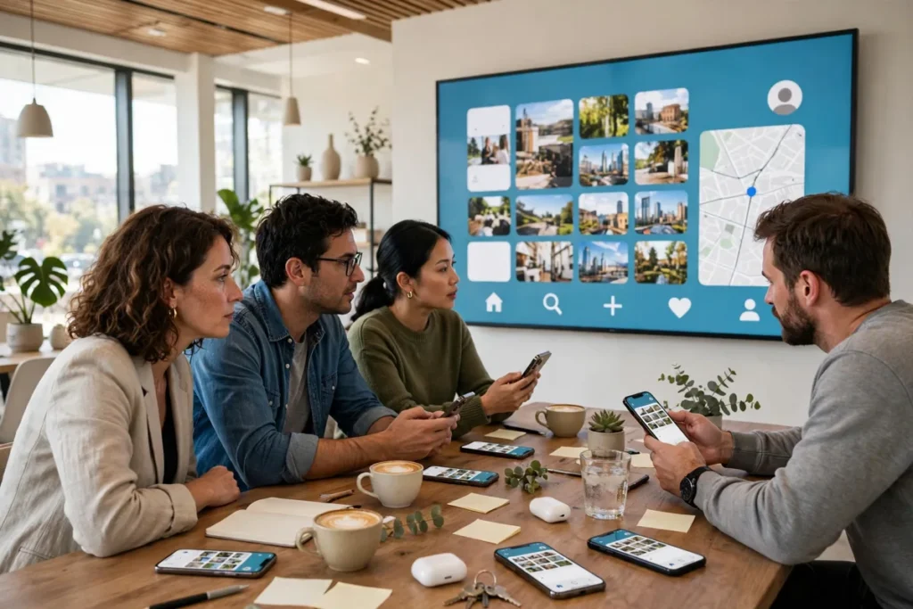 A product team in a bright modern office reviewing a mobile app on a large screen and phones