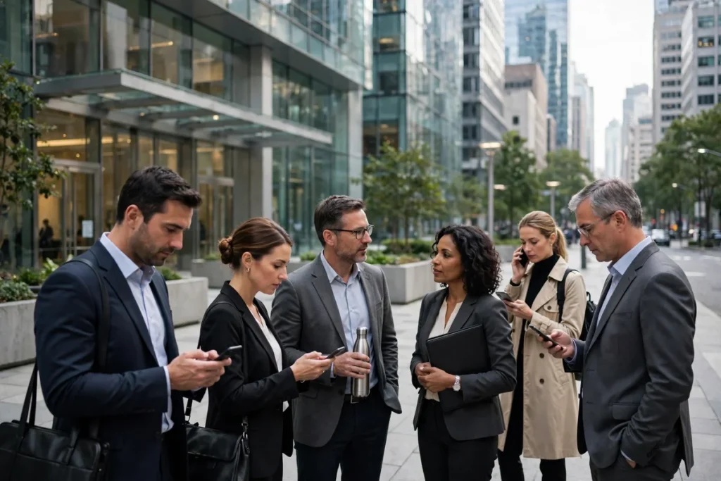 Businesspeople and investors outside a modern glass financial district building on the day of a major stock market listing