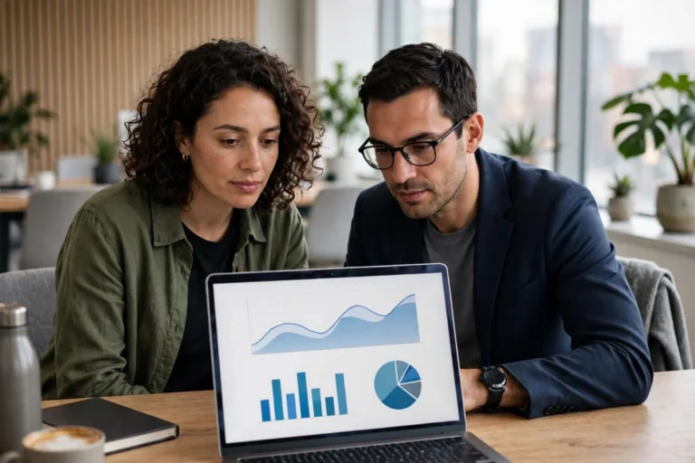 Two business colleagues reviewing a spending dashboard with charts on a laptop in a bright office