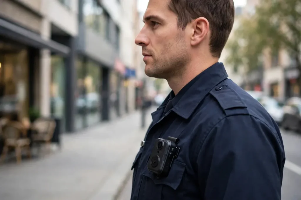 A uniformed officer on a city street wearing a small black body-worn camera on his chest