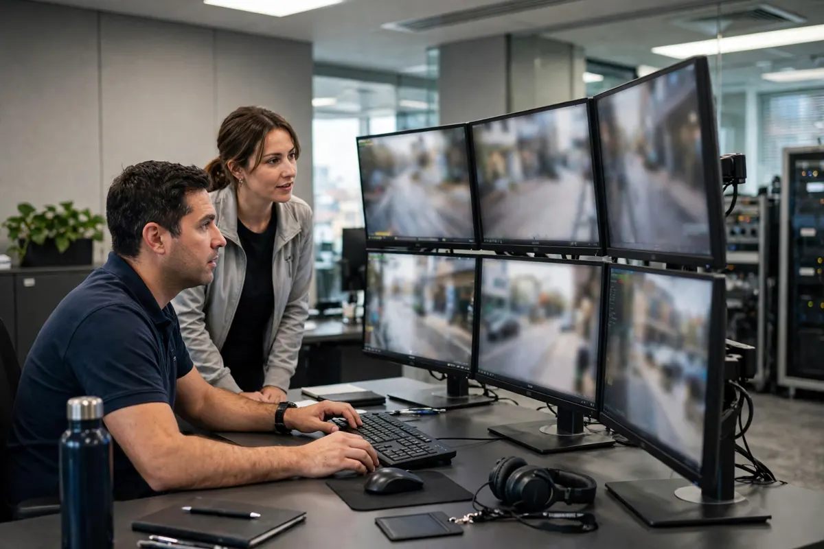 Two operations-room staff reviewing live video feeds on a wall of monitors