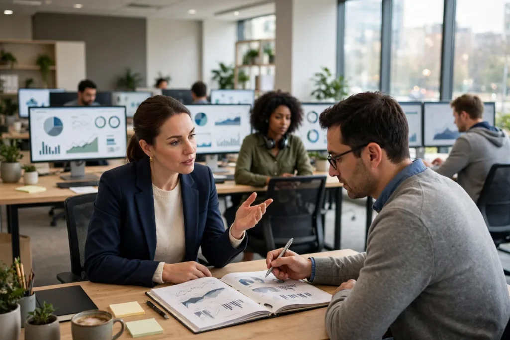 Financial operations team reviewing transaction dispute cases on monitors in a bright modern office