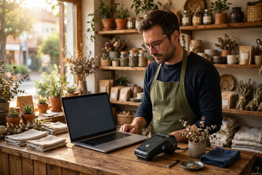 Small business owner checking a card payment on a laptop at a shop counter beside a card machine