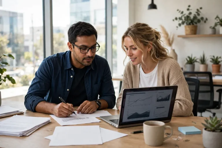Two small business owners reviewing documents and a laptop together in a bright modern office