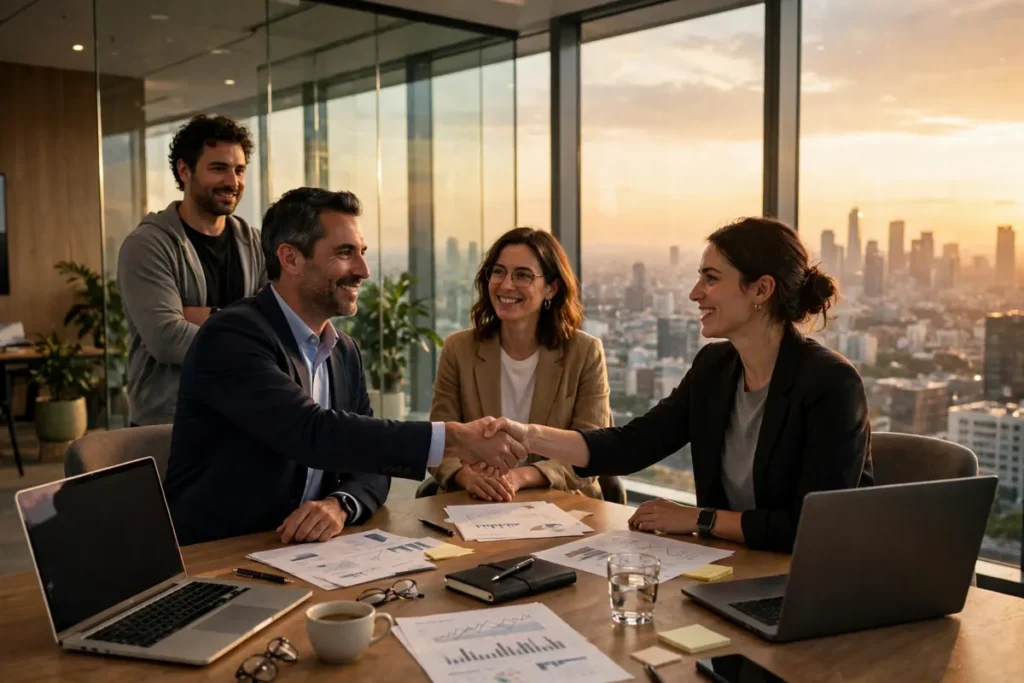 Investors shaking hands over documents in a modern office at sunset, representing a major venture funding deal