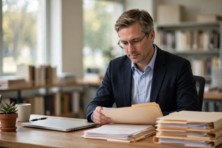 University administrator reviewing paper files at a desk in a bright campus office