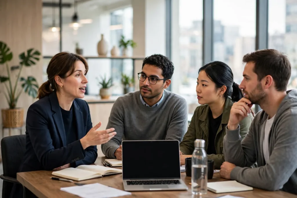 Manager discussing workplace policy with employees around a table in a bright office