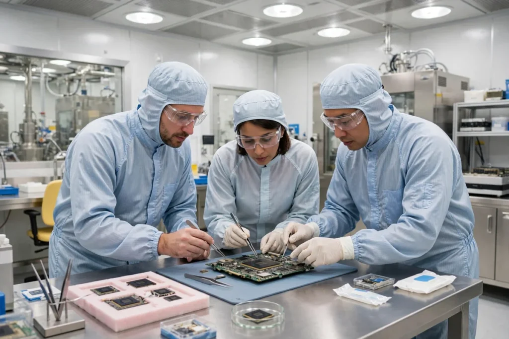 Engineers in clean-room suits examining computer chip hardware on a workbench