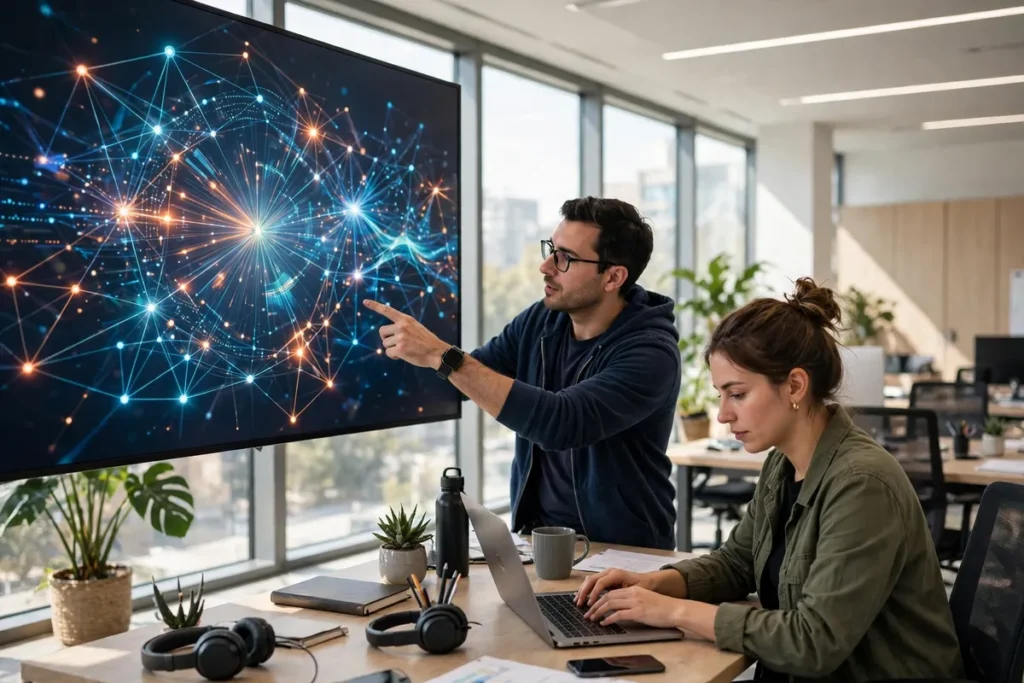 Two cybersecurity engineers studying a glowing network map on a large screen in a bright modern office