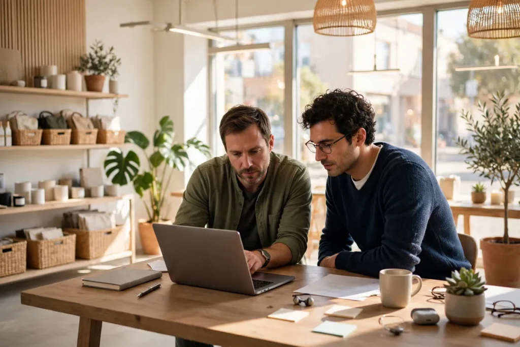 Two small business owners reviewing a laptop together in a bright shop office