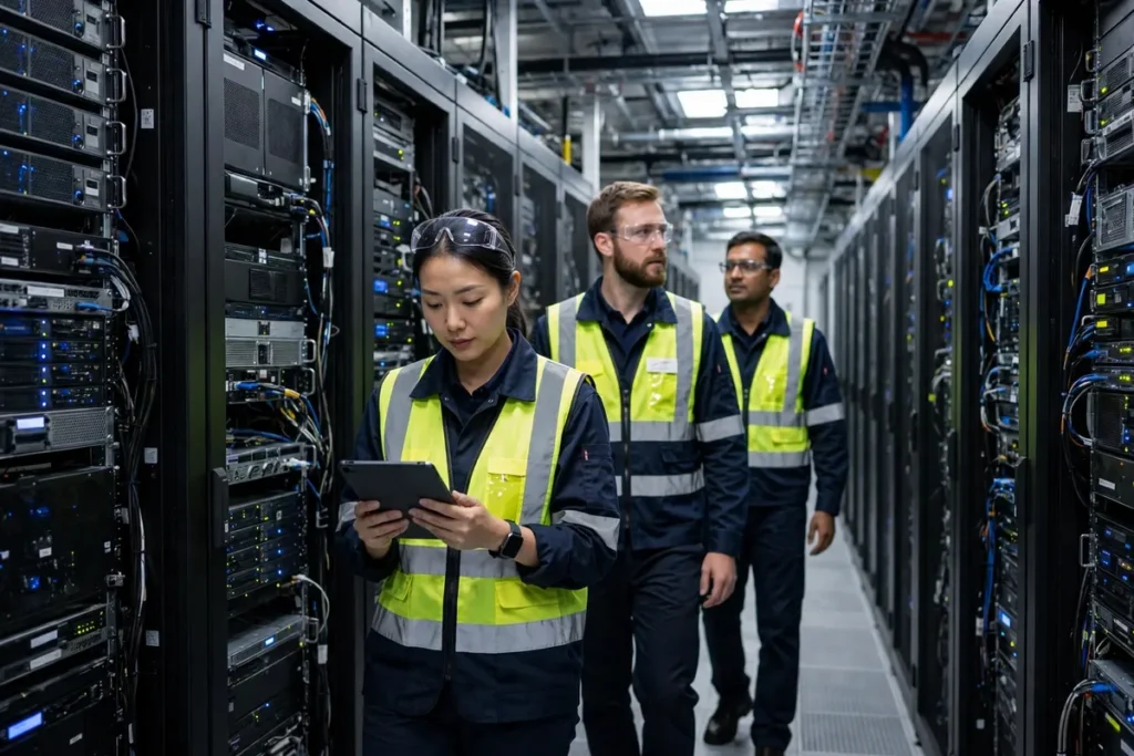 Engineers walking between server racks in a modern data centre