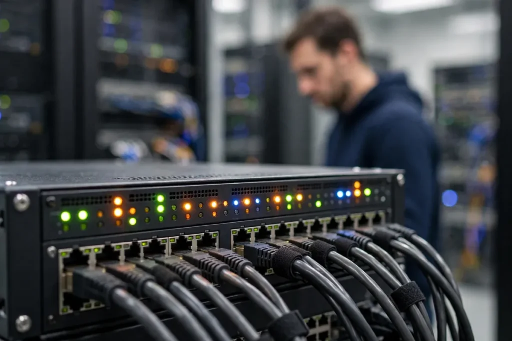 Close-up of server hardware with indicator lights in a data centre