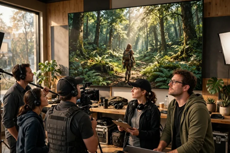 A film crew watching a lush interactive forest world on a large studio screen, showing the kind of playable AI environment Google Genie 4 creates