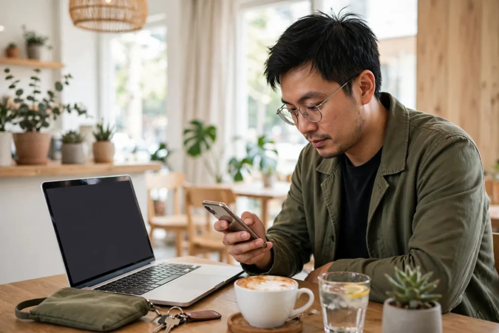 Small business owner checking a smartphone at a cafe table with a laptop