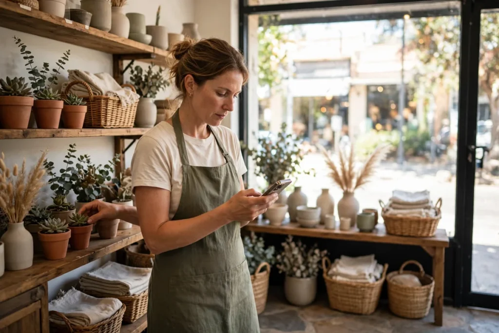 Independent shop owner checking her phone among shelves in her shop