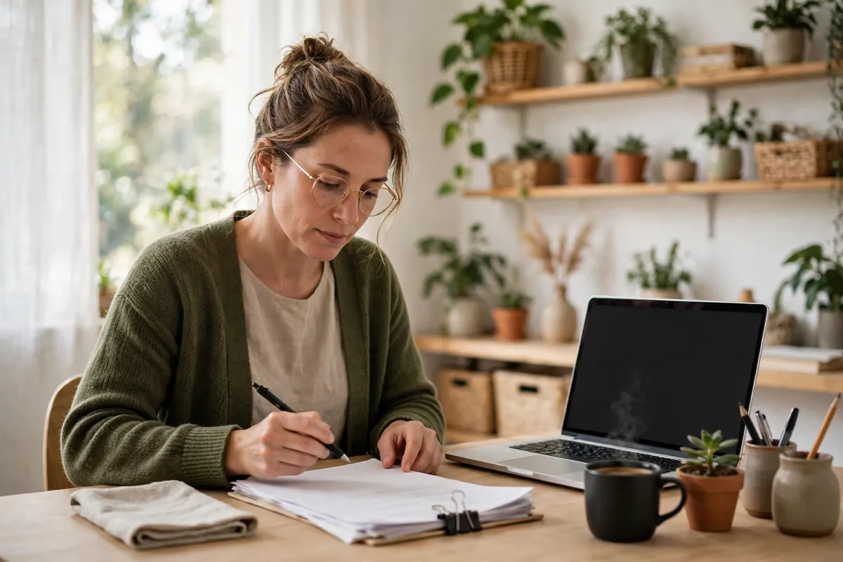 Small business owner reviewing paperwork beside a laptop in a bright home office