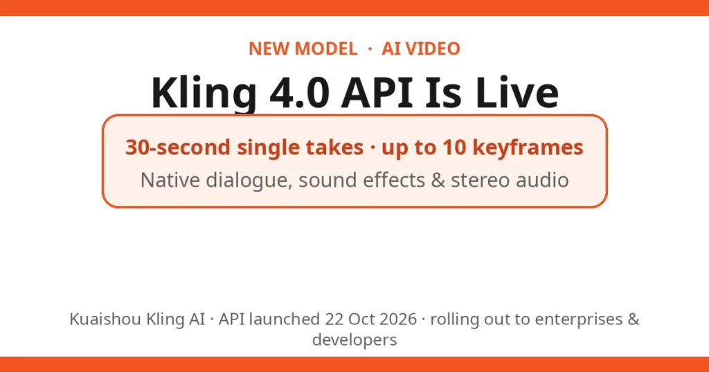 Kling 4.0 API launches with 30-second AI video takes, 10 keyframes and native stereo audio