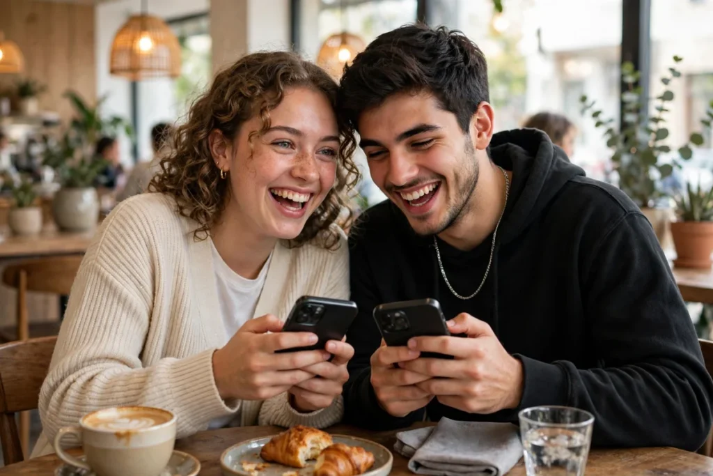 Two friends laughing while playing a competitive puzzle game on their phones in a cafe