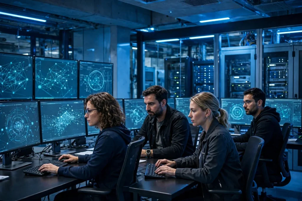 Cybersecurity engineers monitoring threat data on large screens in a modern data centre control room