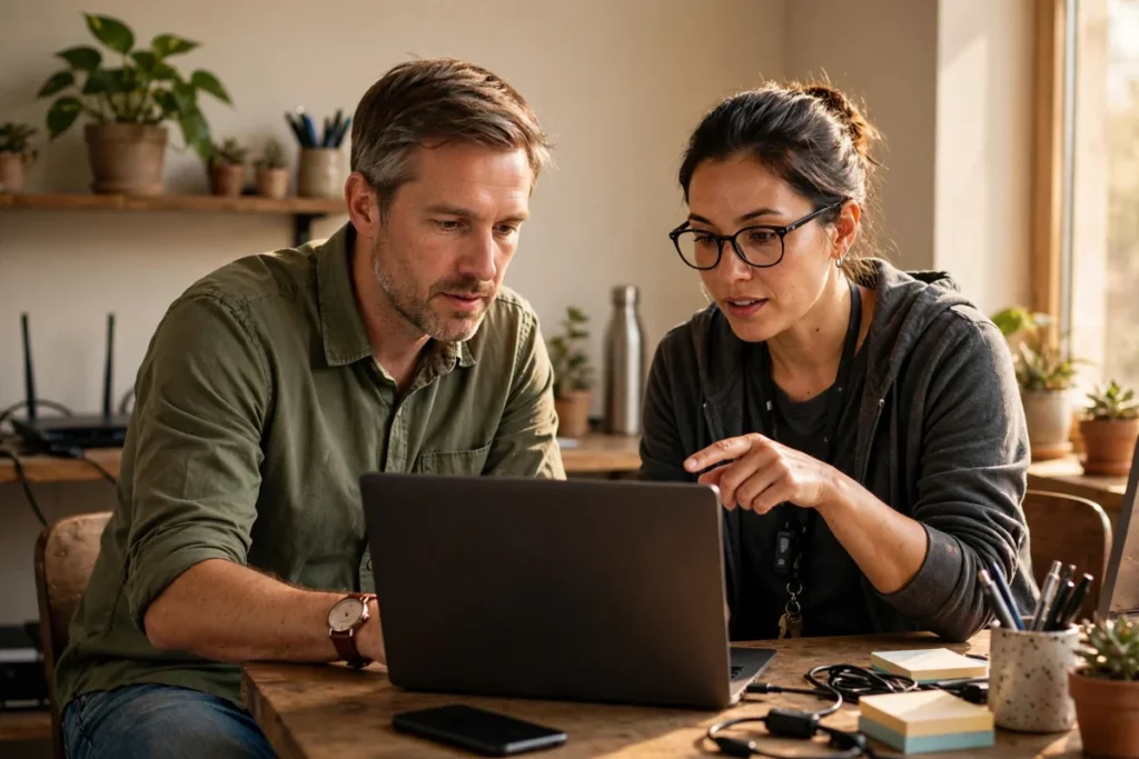 A small business owner and IT technician reviewing laptop security together in a small office