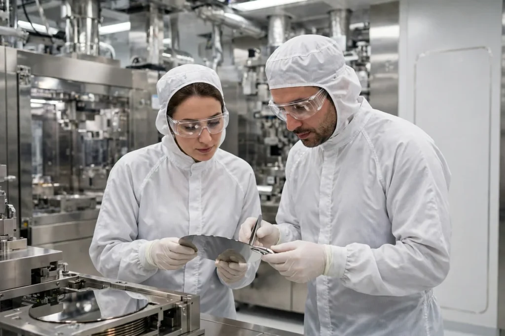 Engineers in cleanroom suits examining a silicon wafer in a semiconductor fabrication plant