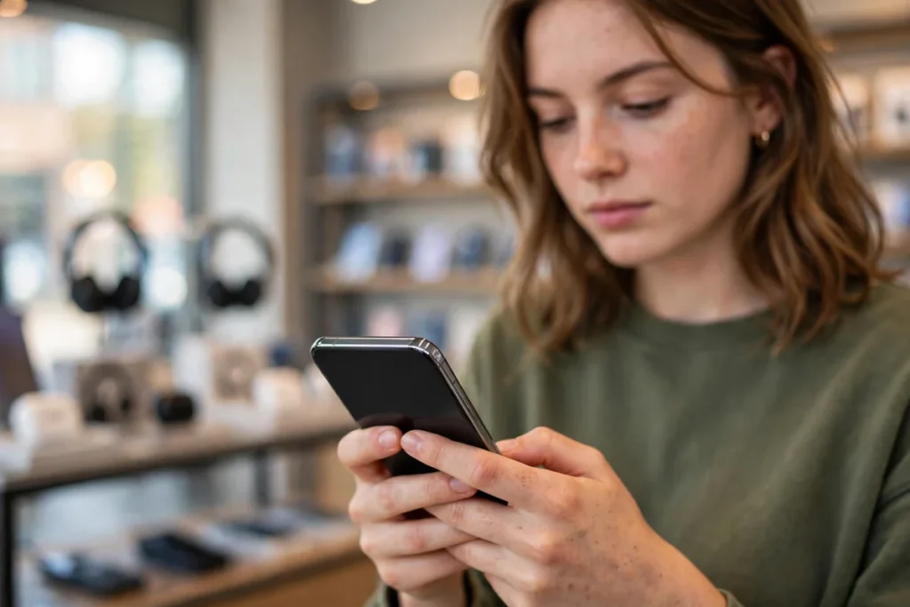 Woman using a smartphone in a bright electronics shop