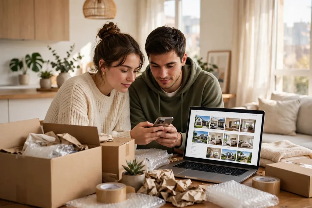 A young couple in a bright modern apartment looking at a phone and a laptop showing property listings, with moving boxes on the table