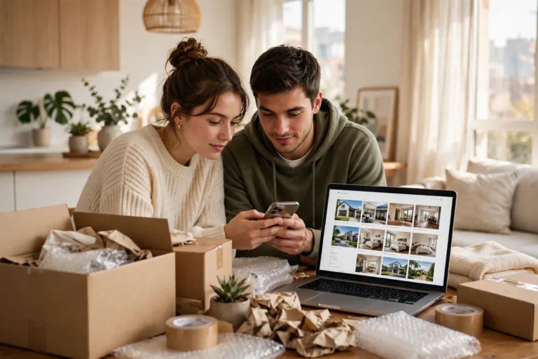 A young couple in a bright modern apartment looking at a phone and a laptop showing property listings, with moving boxes on the table