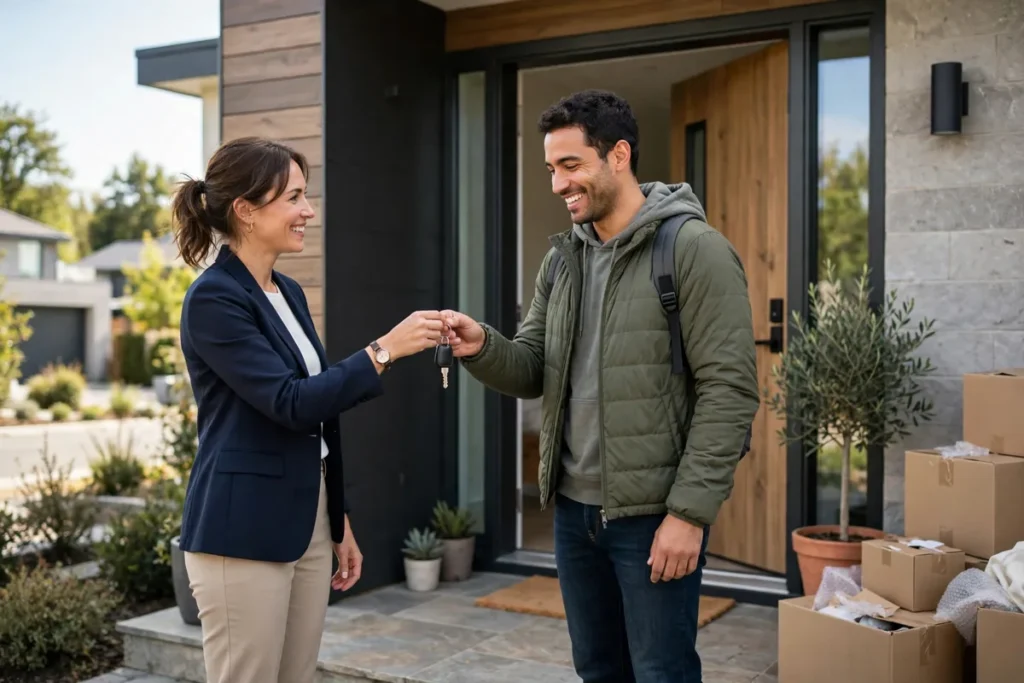 An estate agent handing house keys to a smiling homebuyer outside a modern house with moving boxes nearby