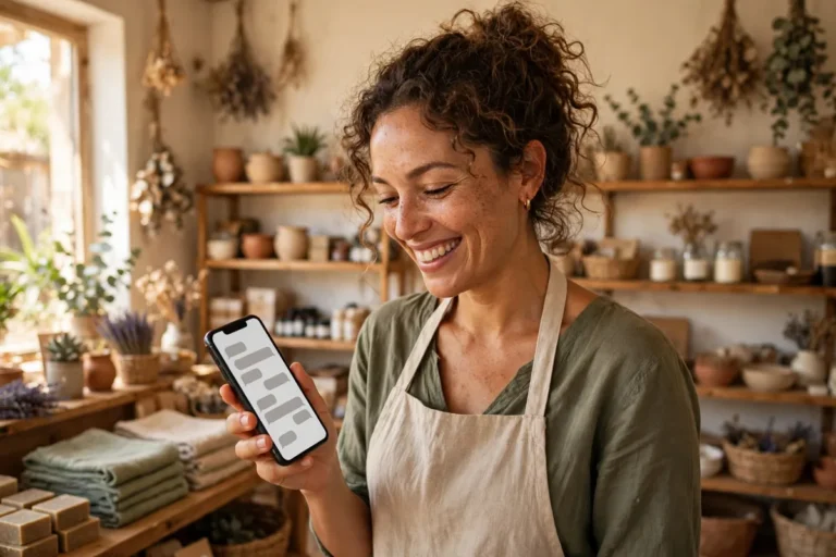 A smiling small business owner in a bright shop holding a smartphone showing customer chat messages