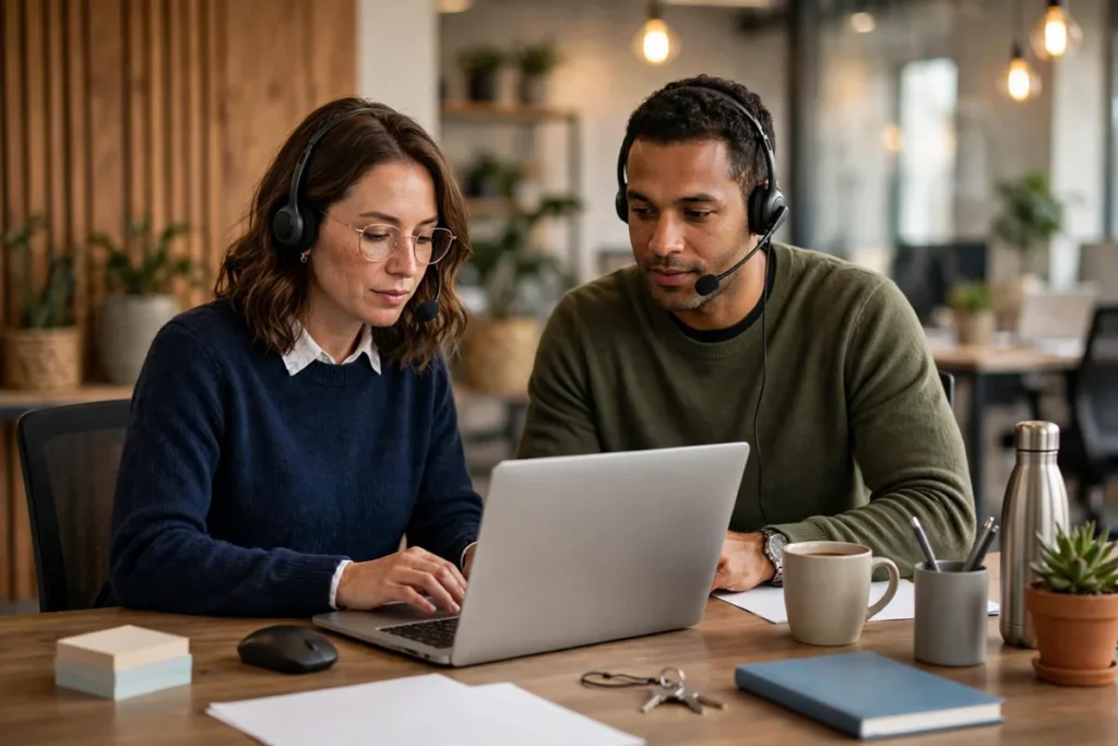 Two customer service staff wearing headsets working at a laptop in a bright modern office