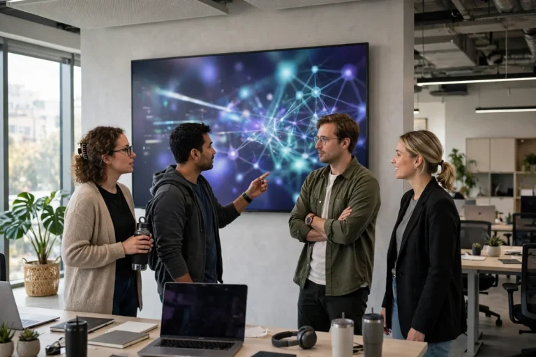 Software engineers discussing an AI system on a large screen in a modern office