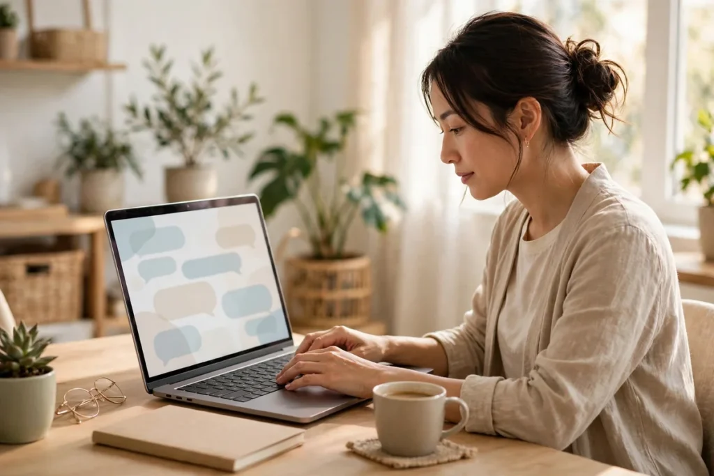 Small business owner using an AI assistant on a laptop in a bright home office