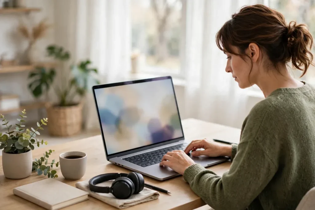 A woman working on a laptop at a bright home office desk