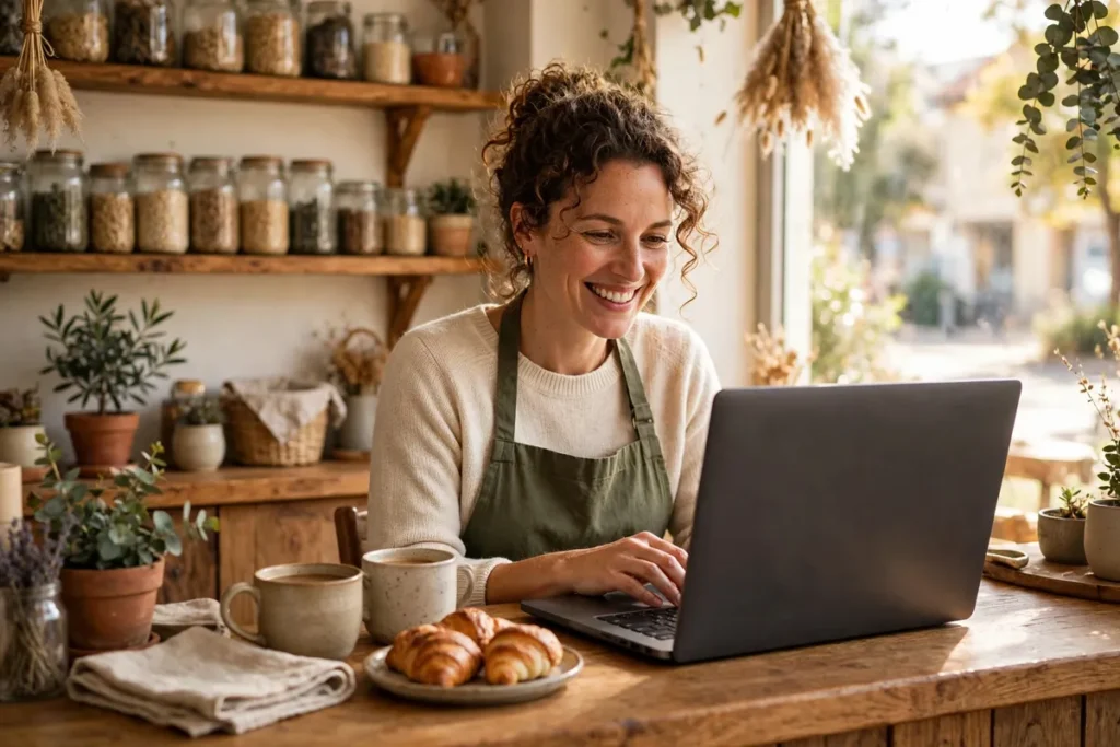 A small business owner smiling while using a laptop at her shop counter