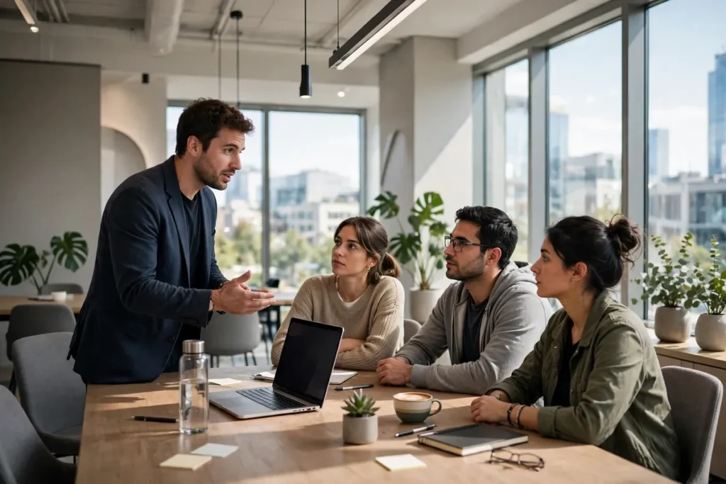 A founder presenting to colleagues around a table in a bright office meeting room
