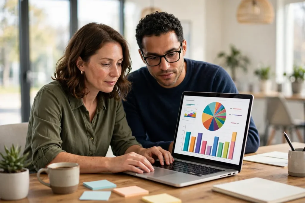 Two small-business owners reviewing colourful charts on a laptop in a bright office