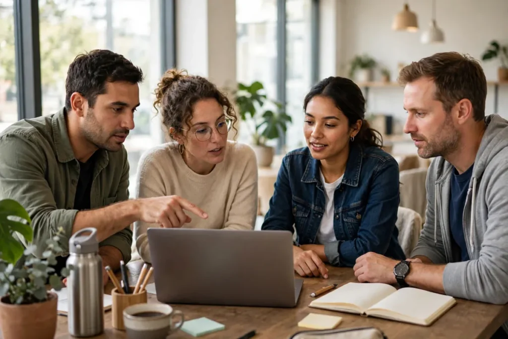 A small business team collaborating around a laptop in a bright co-working space