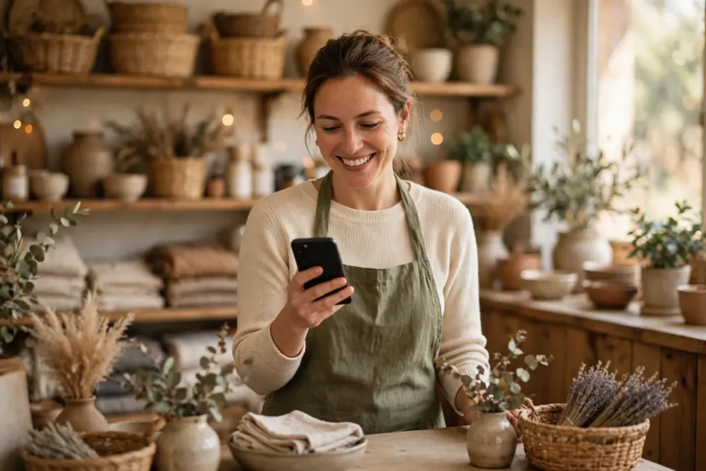 Small business owner smiling while checking her phone in her shop