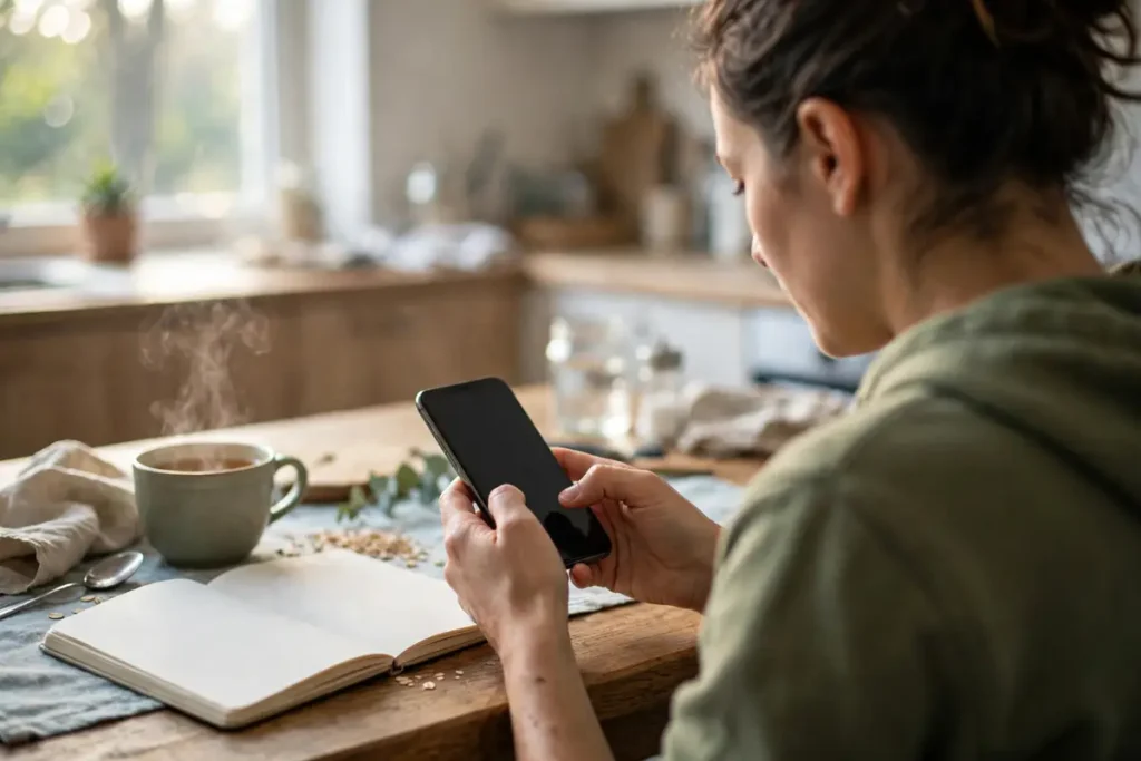 Woman texting on her phone at a kitchen table with a notebook and coffee