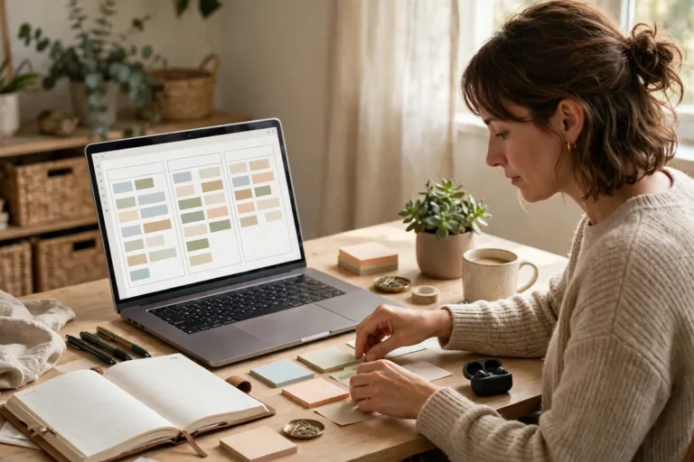 A small business owner planning work on a laptop showing a workspace board, with notebook and sticky notes on a desk