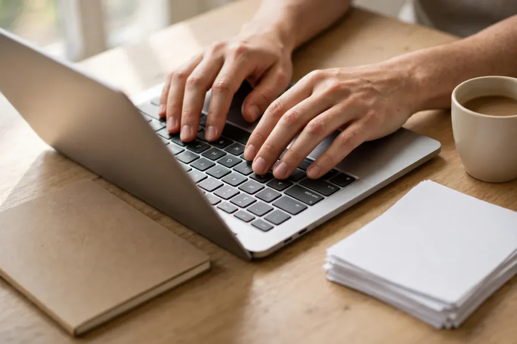Hands typing on a laptop beside a notebook and papers on a wooden desk