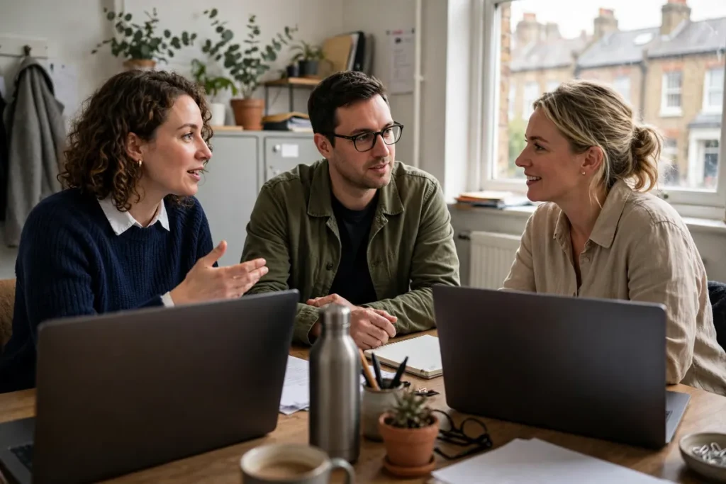 Three colleagues discussing work around a table with laptops in a bright small office.