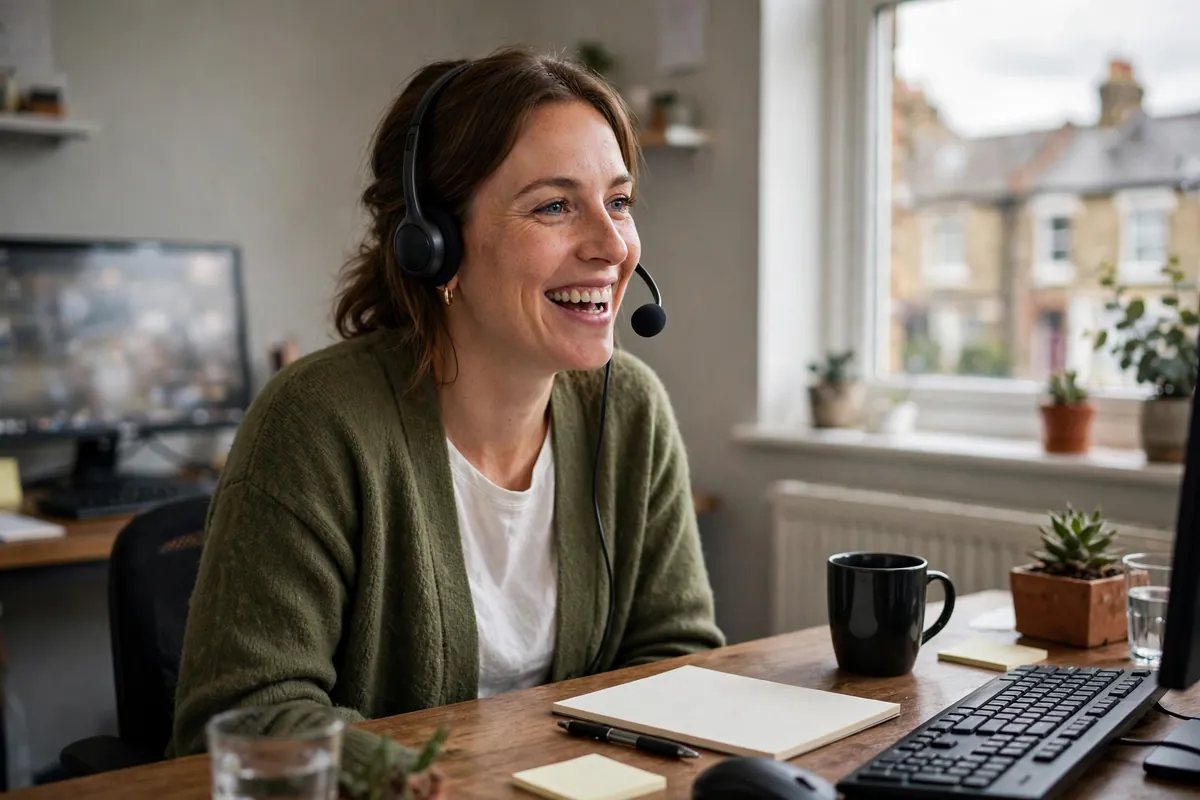 A support agent wearing a headset smiling at her desk in a small office.