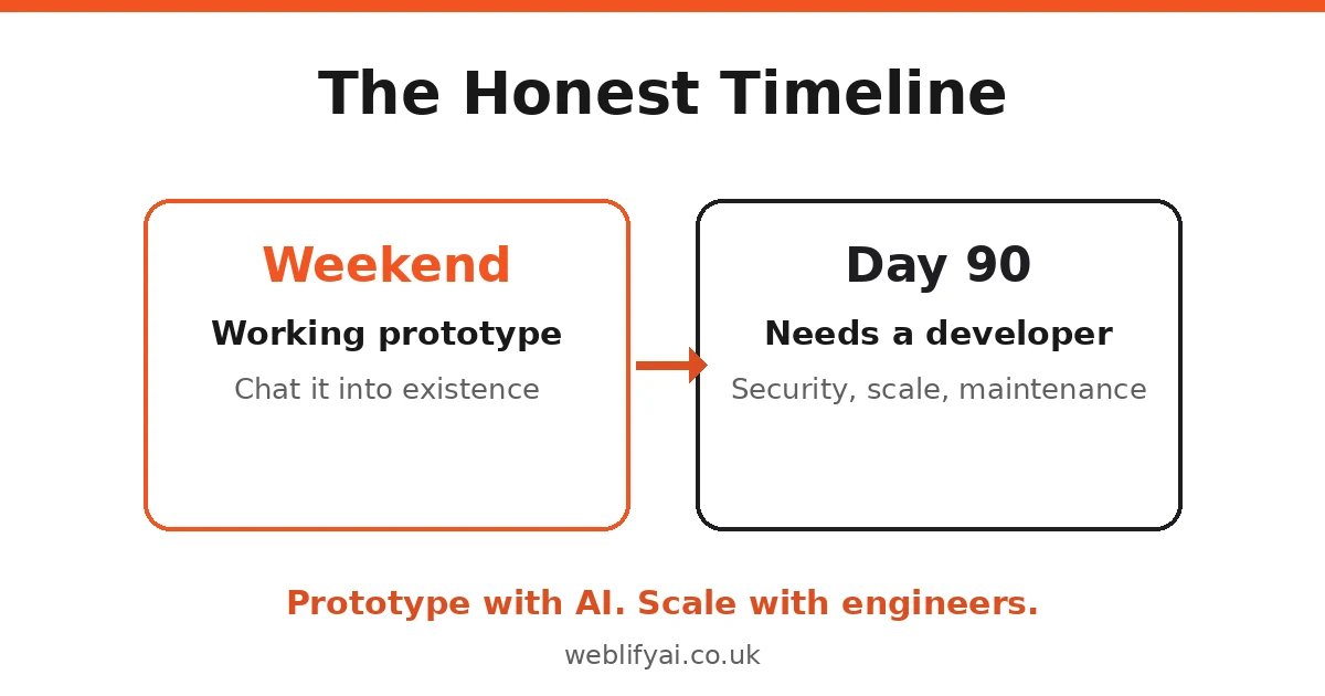 Weekend prototype versus day-90 reality infographic