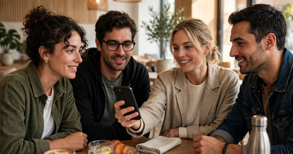 Friends around a table in a bright modern café, one showing a phone while the group plans an evening out together.