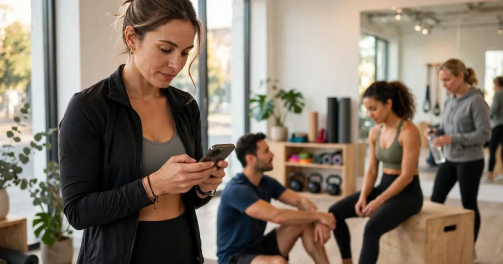 A small fitness-studio owner in a bright studio checking a phone while planning a group class schedule with members nearby