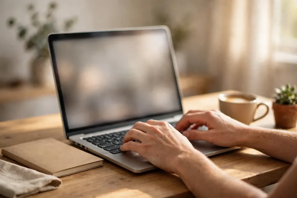 Hands typing on a laptop beside a notebook and coffee on a small business desk.