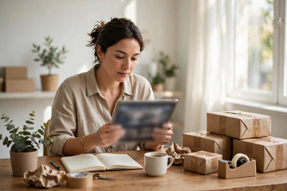 A small business owner checking a tablet at a desk with parcels ready to post.